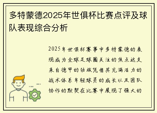 多特蒙德2025年世俱杯比赛点评及球队表现综合分析